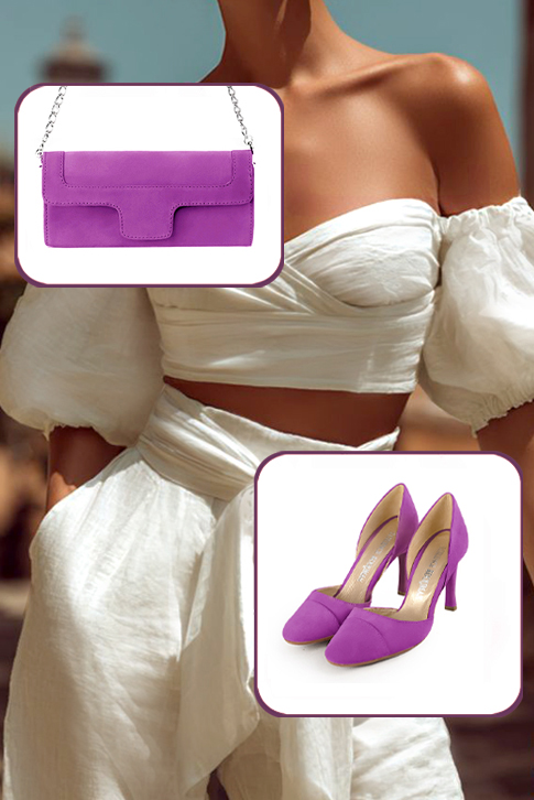 Dress pumps open arch in mauve purple leather with high slim heels and round toe - Worn view